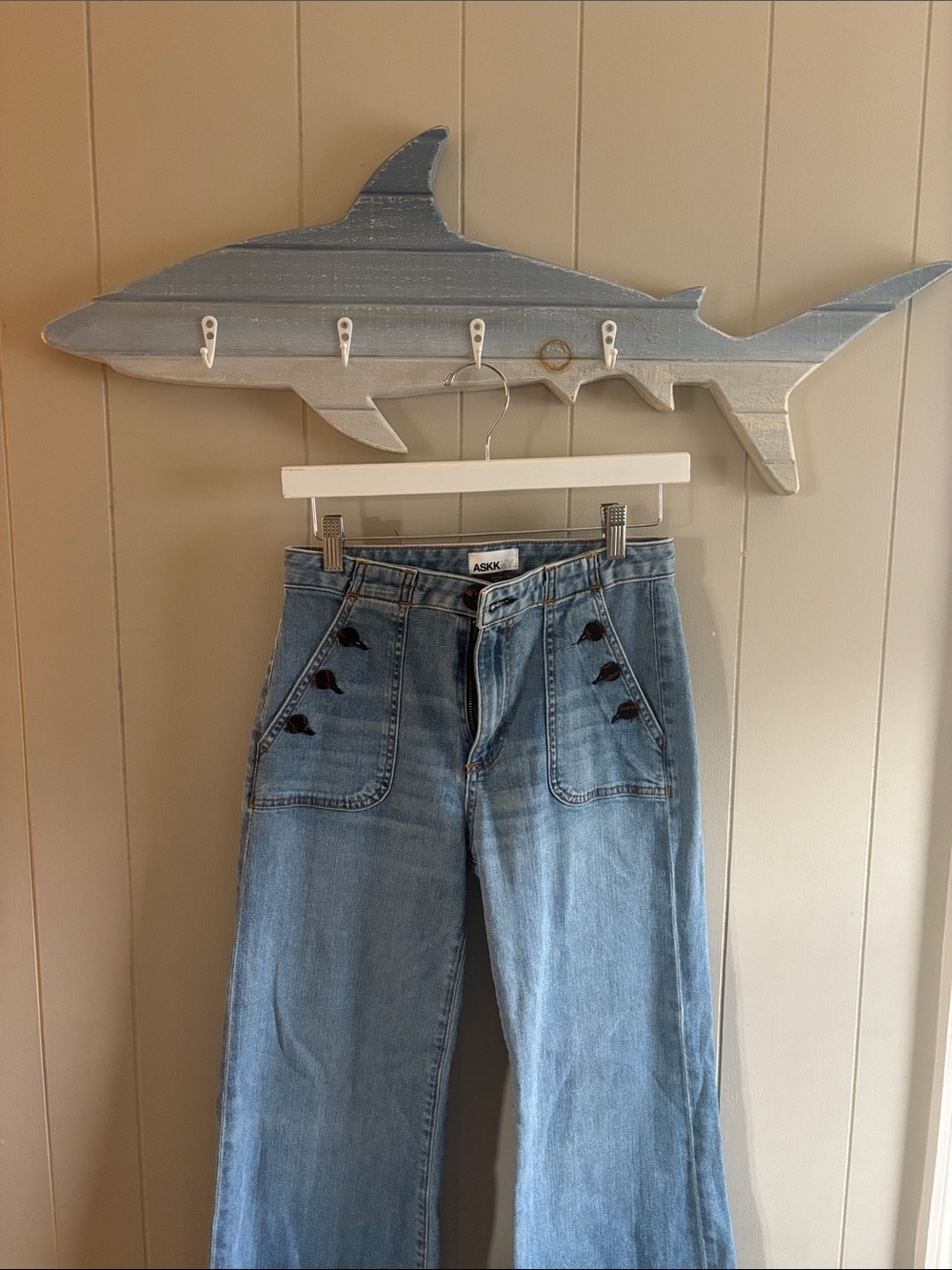 ASKK NY Light Wash Wide Leg Jeans with Button Trim